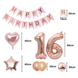 16th Birthday Balloons, Balloons, Decoration Set, Number Balloons, 16, Happy Birthday Garland, Heart Balloons, Confetti Balloons, Birthday Balloons, For Adults, Girls, Rose Pink