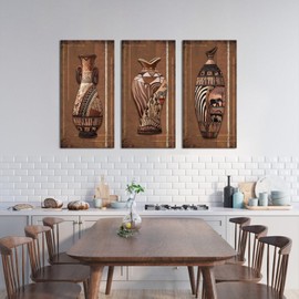 Zlove 3 Pieces Vintage African Vase Canvas Wall Art Traditional Tribal African Floral Pot Still Life Farmhouse Painting for Kitchen Home Bedroom Ready to Hang 16x32inchx3pcs (Brown)
