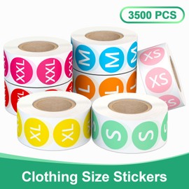 3500 Clothing Size Stickers, 7/8 Inch Round Self-Adhesive Size Sticker Labels, Colored Stickers with White Text, 7 Rolls, 7 Sizes XS, S, M, L, XL, XXL, XXXL for Clothing T-Shirt Retail