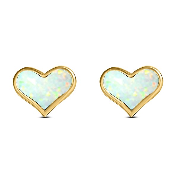 Yellow Tone, Lab Created White Opal Heart Stud Earring 925