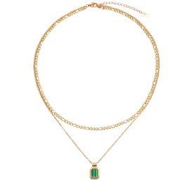 LETTARIUS Layering Necklace for Women Gold Curb Figaro Chain Choker Layered Collar Necklace with Dainty Green Square Pendant Stainless Steel Jewelry