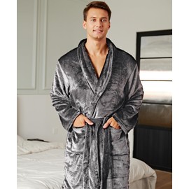 Istylish Men's Plush Shawl Collar Bathrobe, Cozy Housecoat, Robe De Chambre, Peignoir Pour Homme, Soft and Warm Long Winter Fleece Robe Grey Medium
