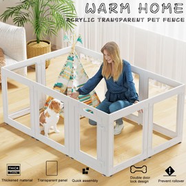 Clear Acrylic Dog Playpen with Door,23.6" Puppy Playpen,Easy Assemble Pet Fence,10-Panel for Puppies/Small Dog Play Pen Indoor (White, 23.6 Inch-H, 10 Panel)