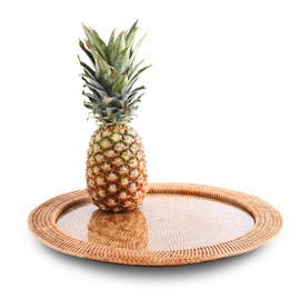 Vagabond House Round Basket Tray - Natural, Durable & Eco-Friendly Wicker Tray - Hand Woven Rattan Tray with Glass Insert - Perfect Serving Tray for Beach House & Ottoman Tray