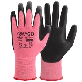 KAYGO 12 Pairs of Work Gloves for Men Women, PU Coated Protective Gloves, Non-Slip Grip on Palms and Fingers, Suitable for DIY General Work, Gardening (Pink, S, Size 7)