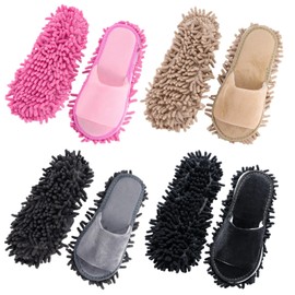 4 Pairs Washable Mop Slippers, Chenille Mop Slippers for Men Women, Floor Cleaning Absorbent Slippers, High-Efficiency Dust Removal, 4 Colors Funny Mop Shoes for Living Room Bedroom Bathroom Kitchen