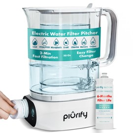 Piurify Countertop Electric Water Filter Pitcher with 6-Month UltraFiltration - Fast 2-Min Filtration, Removes 99% Lead, PFAS, Mercury & Chlorine - BPA Free, 50oz Capacity