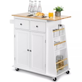 Costway Rolling Kitchen Island Utility Trolley w/Storage Cabinet & Spice Side Rack White