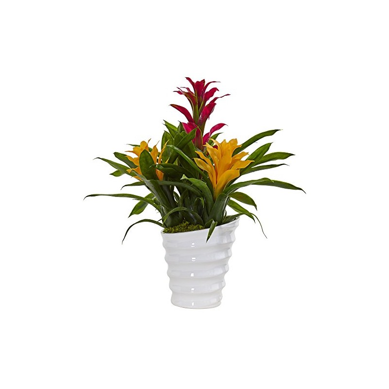Nearly Natural Tropical Bromeliad Artificial Plant in White Swirl Vase