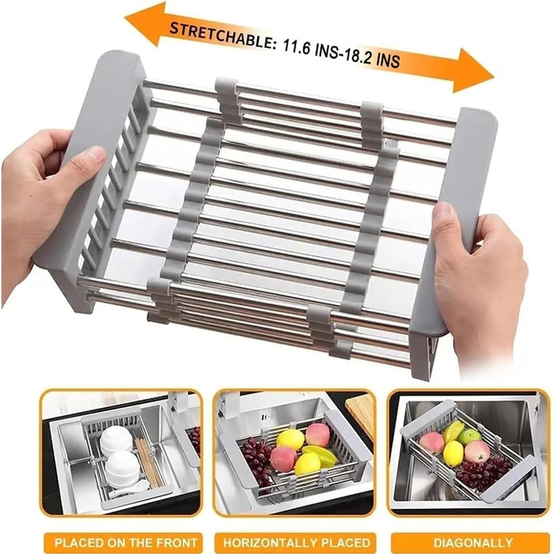 Extend Kitchen Sink Drain Basket,Stainless Steel Retractable Sink Rack,Over Sink
