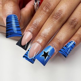 Press on Nails Duck Shaped Glossy Full Cover Medium Acrylic Duck Blue French False Nails with Star Line Designs Artificial Duck Fake Nails with Charms Glue ons Nails Stick on Fingernails for Women