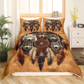 Feelyou Wolf Bedding Set King Size Brown Comforter Cover Set Dreamcatcher Duvet Cover Boho Dream Catcher Decor Bedspread Cover Room DecorIndian Hippie Feather Print Quilt Cover，No Comforter