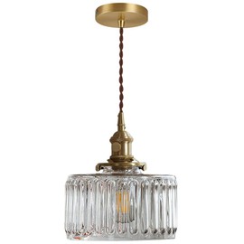 Qufute Glass Hanging Lights One-Light Vintage Pendant Light Fixtures with Clear Striped Glass Shade Mid Century Modern Gold Adjustable Cord Pendant Light for Living Room Dining Room Hallway