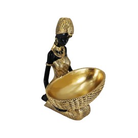 Dwelloria African Tribal Resin Statue - Handcrafted Gold Accent Figure with Bowl, Ethnic Home Decor Art Piece for Shelf & Table Display, Bohemian Gift Idea