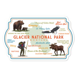 Die Cut Sticker Glacier National Park, Montana, Typography and Icons, Contour Vinyl Sticker 1 to 3 inches (Waterproof Decal for Cars, Water Bottles, Laptops, Coolers), Small