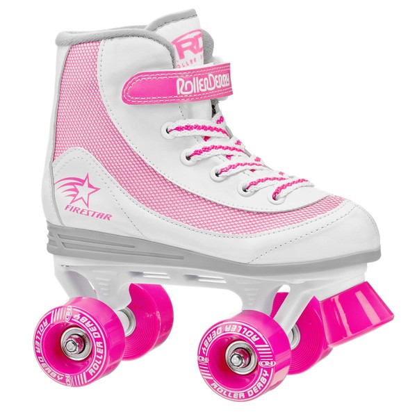 Roller Derby Firestar Youth Girl's Quad Roller Skates, White/Pink, Size 02