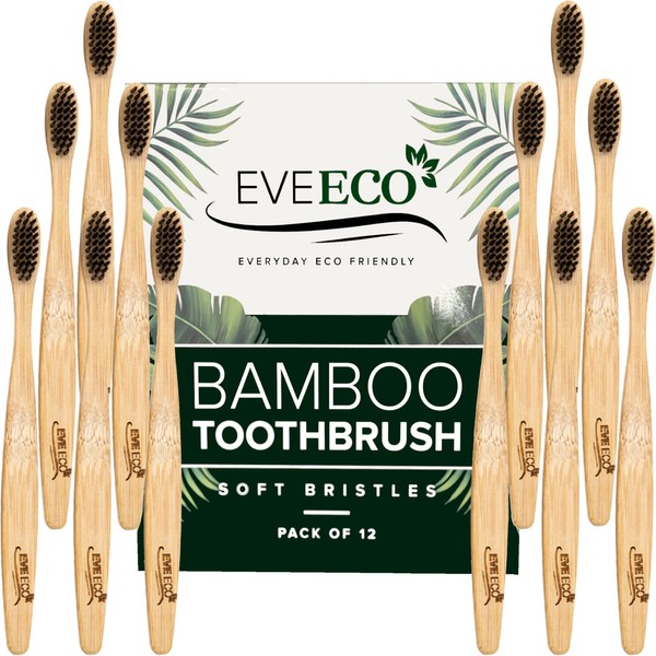 EveEco 12 Count I Bamboo Toothbrush I Soft Bristles Best for Sensitive Gums I Charcoal I Vegan I Natural Wood I BPA Fee I Recyclable I Compostable I Biodegradable | Environmentally Friendly