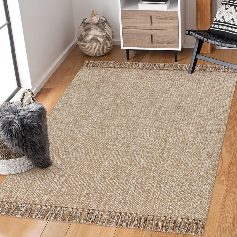 BUAGETUP Washable Area Rugs 3'x5',Tan Cream Reversible Kitchen Rug Cotton