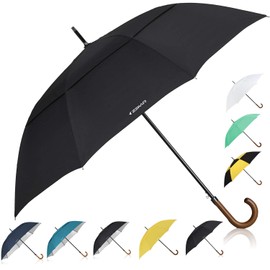ZEKAR 54 inch Wooden J Handle Golf Umbrella, Classic Double Canopy Windproof Large Auto Open Rain Stick Umbrellas (54inch-black)