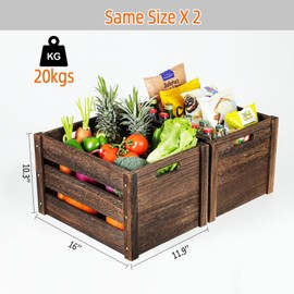 ROSOS Wooden Crates, Farmhouse Wooden Crates for Storage with Handles, Solid Wood Crates for Display, Durable Wooden Crate Box, Handmade Large Wooden Crate, Wooden Boxes for Decor, 2 Pack, Brown