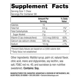 Bariatric Advantage Bariatric Advantage Calcium Citrate Chewy Bites 500 mg - for Bariatric Surgery Patients - Vitamin D3 - Sugar-Free Chewable Calcium Supplement - Bariatric Calcium Chews - Strawberry Flavor - 90 Count