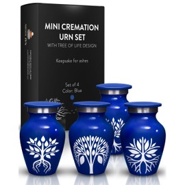 Small Urns for Human Ashes Keepsake - 4 Decorative Mini Cremation Urns for Human Ashes Adult Male and Woman - Memorial Keepsake Urns to Honor Loved Ones - Tree of Life Design and 4 Velvet Bag (Blue)