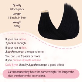 MAXITA Tape in Hair Extensions Jet Black 100% Remy Human Hair 16 Inch 40pcs 100g/pack Straight Seamless Real Hair Extensions