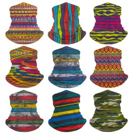 HCMY 9 Pack Headwear Stripe Ski Neck Gaiters Tube Bandana Face Mask Head Wrap Headband Scarf Elastic Cooling Balaclava for Men Women