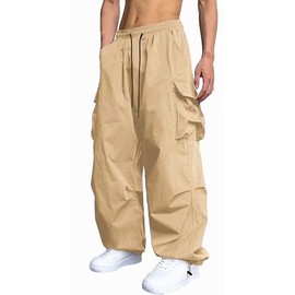 GUDEUBAI Men's Casual Cargo Pants Elastic Waist Drawstring Street Hip Hop Trousers with Pockets (38, Khaki)