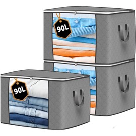 Crizzio Storage Bags Clothes Organiser 3 Pack Grey, Large Moving Boxes 90L Capacity, 3 Sided Zipper Reinforced Handles Storage Bag for Wardrobe, Storing Linen, Toys or Duvet (Grey, Pack of 3)