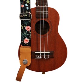[MUSIC FIRST] Original Design "Garden in Dark Night" Soft Cotton & Genuine Leather Ukulele Strap Ukulele Shoulder Strap with 1 Brand Strap Locker