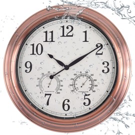 Vigorwise 16 Inch Outdoor Clock Thermometer Combo, Red Bronze Metal-Frame Outdoor Clocks Waterproof, Silent Outdoor Wall Clock for Patio Pool