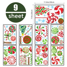 Yovkky Christmas Window Clings 9 Sheets, Xmas Candy Cane Peppermint Lollipop 2025 New Year Stickers Decals Decor, Christmas Snowflakes Winter Holiday Party Home Kitchen Candyland Decorations