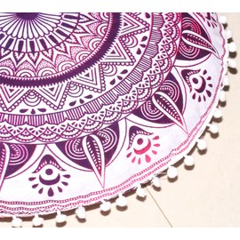 Round Mandala Floor Pillow Cover Seating Cushion Throw Cover Hippie Decorative Bohemian Ottoman Pouf Cover, Pom Pom Pillow Cases,Boho Indian 22 Inches (Red Yellow) (Pink)