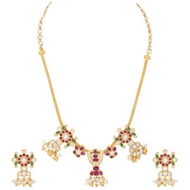 Aheli Beautiful Wedding Wear Indian Laxmi Goddess Faux Stone Studded Floral Design Crafted Necklace Earrings Set Ethnic Fashion Jewelry Gift for Women Red