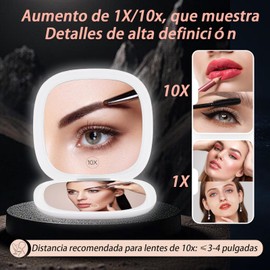 Espejo de Bolsillo con Luz LED, Espejo con Luz Portatil, con Aumento 1X/10X, Anillo de Luz de Doble Cara y 3 Modos de Luz, Espejo de Mano Recargable, Espejo Pequeño con Luz para Maquillaje (Blanco)