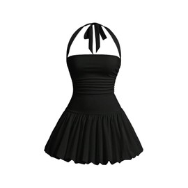 SOLY HUX Women's Bubble Mini Dress Y2K Halter Backless Club Party Graduation Short Dresses with Shorts Underneath Solid Black Large