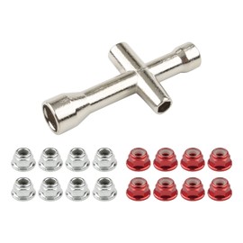 Rchobbytop 16pcs M4 Lock Nuts for 1/10 RC Car Wheel, 4mm Anodized Aluminum Alloy and Steel Flange Nylon Insert Locking Nuts with Wrench Set, Red & Silver
