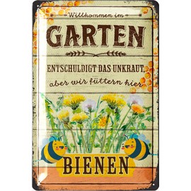 LANOLU Retro Tin Sign Garden - Kein Unkraut, WIR FüTTERN Hier Bienen - Garden Signs for Outdoors, Signs for the Garden, Garden Signs, Funny Metal Signs Garden 20 x 30 cm