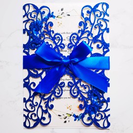 FLZOPYNE 20PCS Royal Blue Wedding Invitation Kit 5x7.3 Inch Laser Cut Hollow Floral Pocket Blank Invitations with Envelopes for Wedding Quinceañera Sweet 16 Birthday Invite (Royal Blue Glitter)