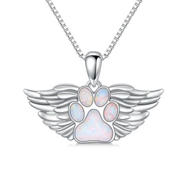 SHINYKEND White Opal Puppy Dog Cat Pet Paw Print Necklace for Women S925 Sterling Silver Angel Wings Pendant Birthday Anniversary Valentine's Day Mother's Day Gifts for Her Wife Mom Sister Friends (Angel Wings Paw Print)