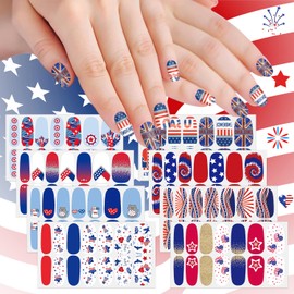 SILPECWEE 8 Sheets 4th of July Nail Polish Stickers Full Nail Wraps Independence Day Nail Polish Strips Self Adhesive Patriotic American Fingernail Stickers Design for Women with Nail File