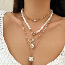 Gold Shell Necklace Gold/Silver Charm Necklace Shell Starfish Pearl Necklace Oversized Shells and Clam Necklace Boho Bridal Jewelry Summer Beach Wedding Jewelry Conch Chunky Necklace (Style 2)