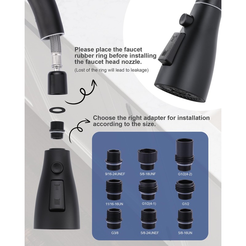 Metal Kitchen Faucet Head Replacement: 3-Function Pull Down Spray Nozzle