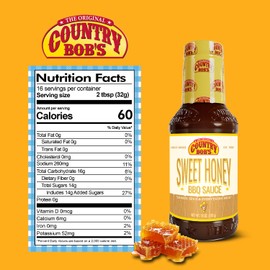 Country Bob's Sweet Honey Barbecue Sauce - BBQ Sauce for Meat, Chicken, Fish, Pork, Sweet Savory Grill, Marinating, Gluten Free, 18oz (Pack of 1)
