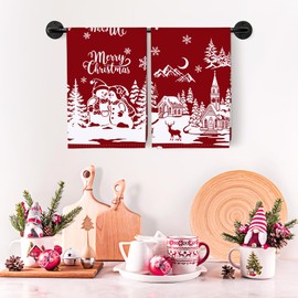 Arquiel 2 Pcs Snowman Christmas Kitchen Towel 100% Cotton Winter Absorbent Dish Towel 27.5"x18.8" Housewarming Red Farmhouse Decorative Hand Towel for Dining Home