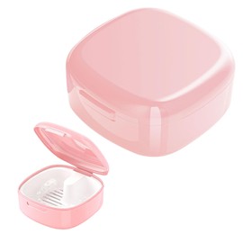 Denture Box,Portable False Teeth Container,Denture Case with Strainer for Soaking/Cleaning,Denture Case for Cleaning,Travel-Friendly Design (Pink)