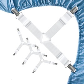 FeelAtHome Bed Sheet Straps | Bed Sheet Holder Straps for Twin Queen King Sheet Clips to Keep Bedsheets in Place - Fitted Sheet Straps for Corners - 4 Pack, White