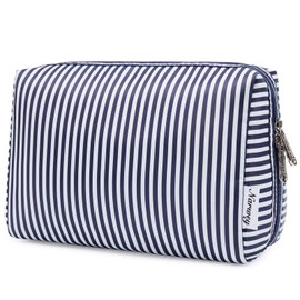 Large Make-up Bag, Zip Pocket, Travel Cosmetic Organiser for Women and Girls, Blue stripes