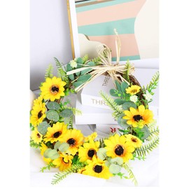 XHONG 17.7inch Artificial Sunflower Wreath Spring Summer Faux Floral Wreath Large Fake Flower Wreath with Yellow Sunflower and Green Leaves for Front Door Indoor Wall Décor